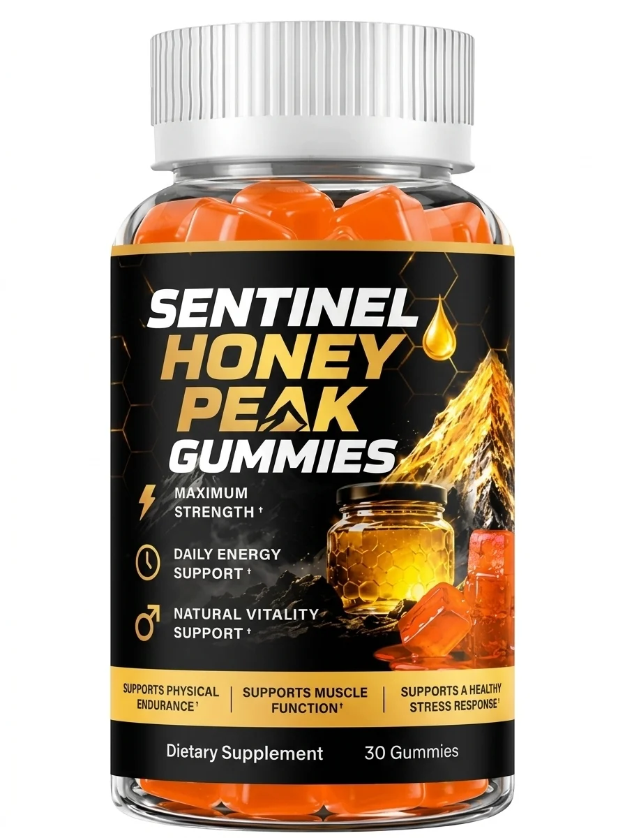 Sentinel Honey Peak Gummies bottle with orange gummies and black-and-gold label