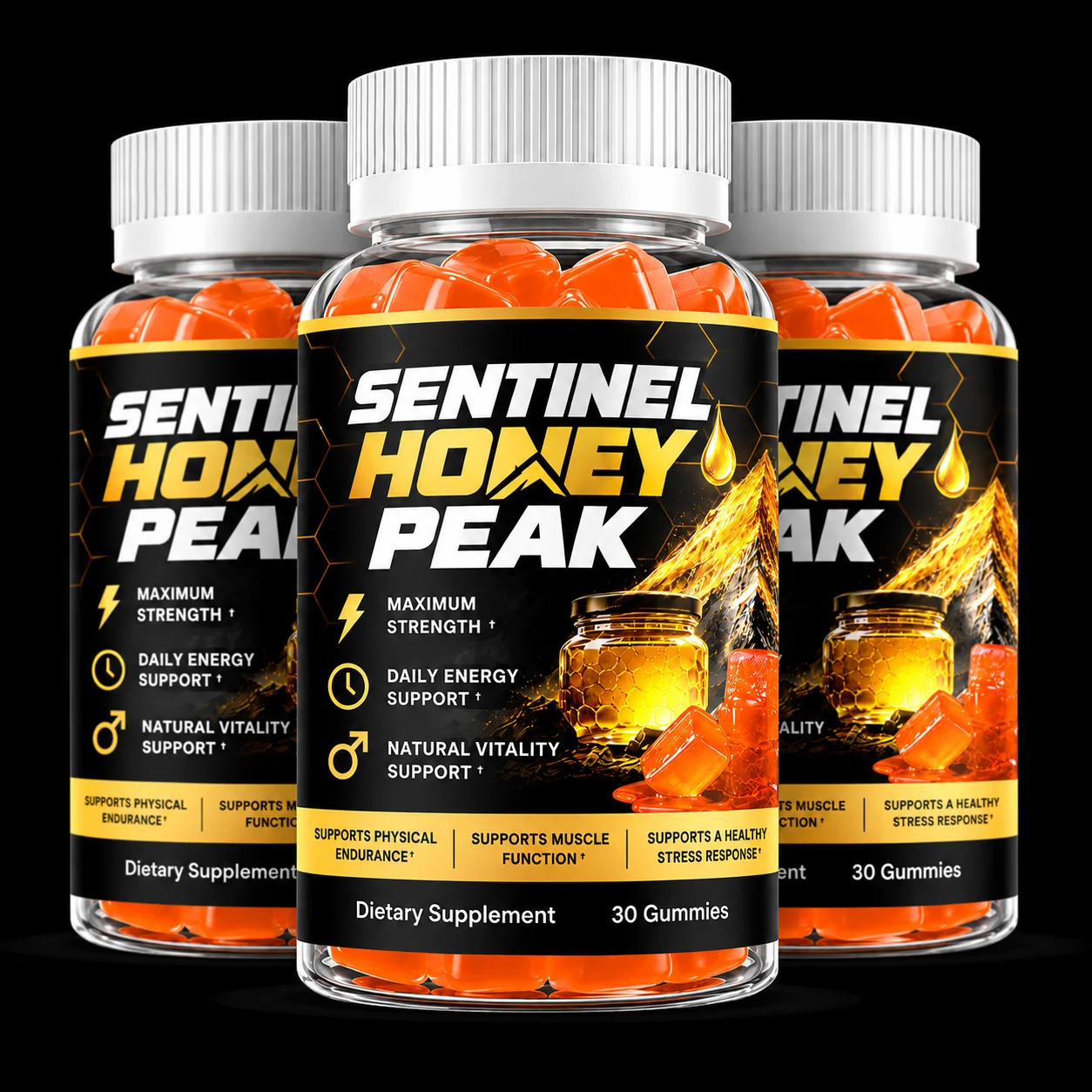 Three Sentinel Honey Peak Gummies bottles arranged together